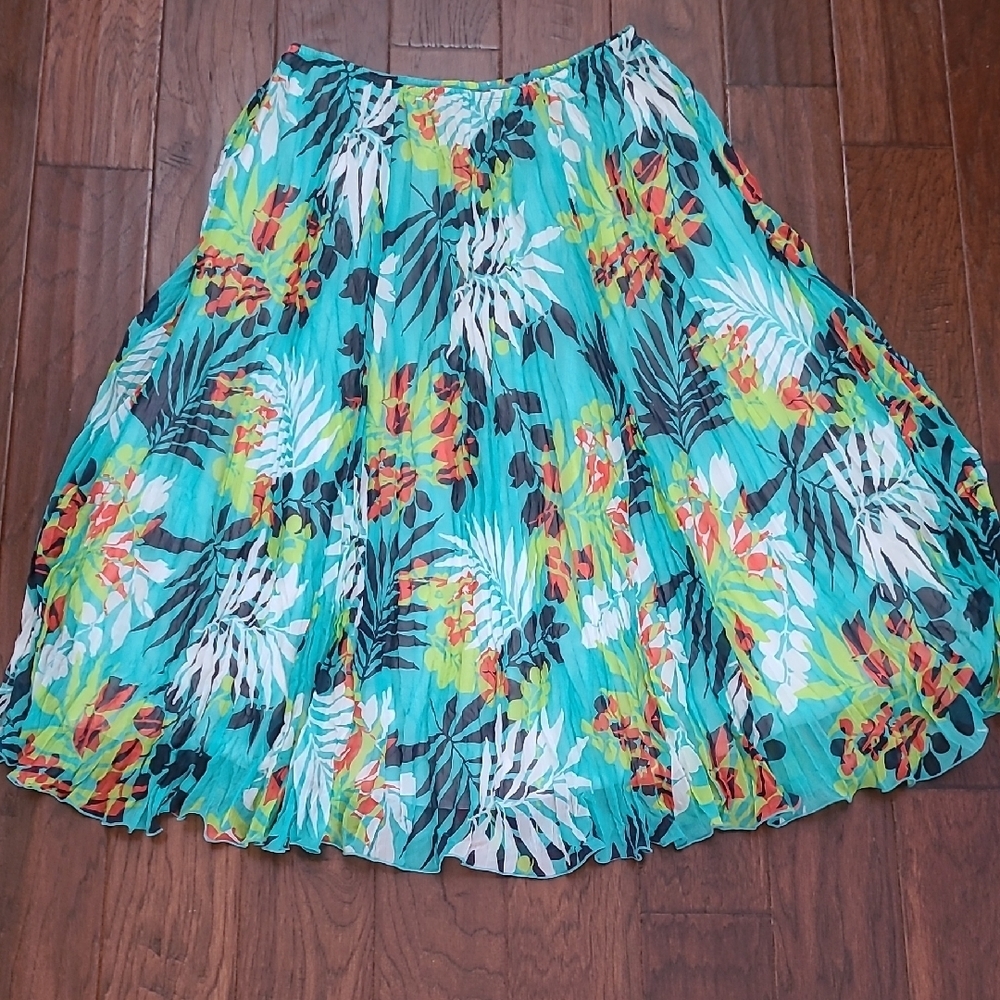 Ruby Rd Colorful Tropical Print Crinkle Pleated Pullon Maxi Skirt size 18W